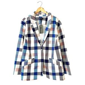 DG2 by Diane Gilman Stretch Crepe Printed Blazer Buffalo Plaid Blue